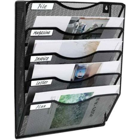 5 Poches Maille Mur Porte-Fichiers Bureau Suspendu Dossier Dossier Magazine Rack Courrier Trieur Bin étiquette porte-nom incluse, noire-- (1/5)
