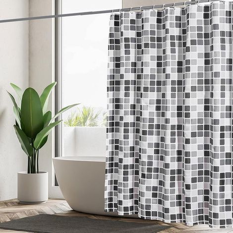 Rideau Douche Anti Moisissure, Rideau de Douche 180x180 cm, Poids Rideau Douche Tissu Polyester, Rideau Baignoire Imperméable, Lavable en Machine, avec 12 Crochets, Noir Blanc Gris Mosaïque (1/4)