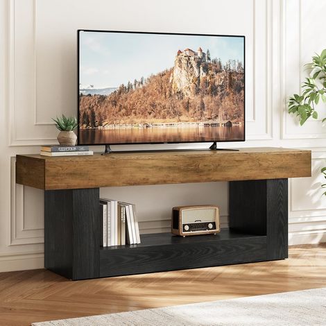 Tribesigns – Meuble TV 160 cm pour téléviseurs jusqu'à 70 pouces – Support en U – Compartiment de rangement ouvert – Design marron et noir (1/5)