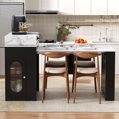 Ausziehbarer Küchentisch mit Rollen, Klappplatte, Steckdosen und Haken, schwarz OKMYHOME (1/5)