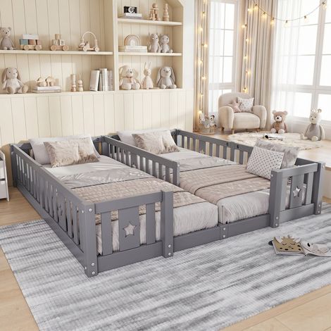 Lit enfant double 90x200 sans sommier, Lit Montessori au Sol avec Barrière, Lit à Barreaux Étoiles et Lunes, Bois Massif de Pin, Jusqu’à 230 kg, Montage Facile, pour Garçon et Fille, gris