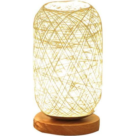 Lámpara de mesilla de noche hecha de cuerda de ratán y madera. (1/4)