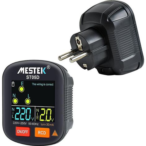 Tragbarer Steckdosentester 30–250 V, digitaler Phasen-, Polaritäts- und Erdungsprüfer mit FI-Schutzschalter und EU-Stecker