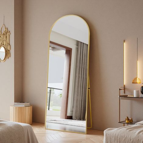 Miroir sur pied 165x60 cm – Miroirs arqué sur toute la longueur – Cadre en métal – Support en U pour placement libre – Couleur noir