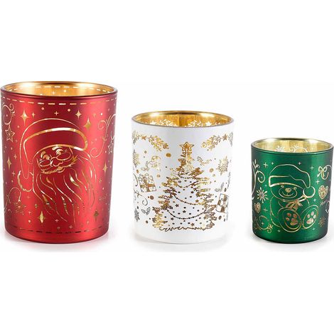 Portacandela di Natale in vetro decorato, set da 2 pezzi, Grande: Ø 10 cm x 12,5 H