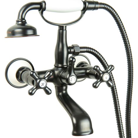 Robinet de baignoire rétro noir PaulGurkes avec mélangeur à deux poignées et poignées croisées
