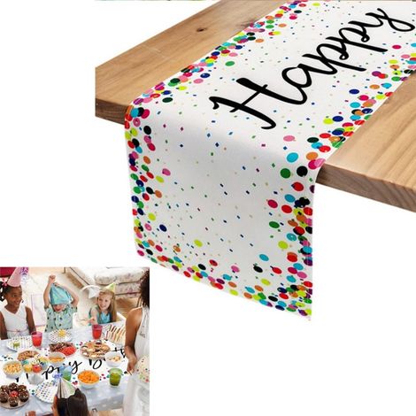 Articolo Tovaglia da tavola Buon Compleanno a pois colorati Tovaglia da tavola Buon Compleanno Riutilizzabile Decorazione colorata per feste Bianco 33x183cm Adatto, Bianco
