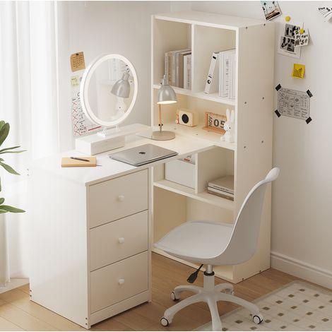 Scrivania angolare 117x63x135 cm bianca in legno con libreria a 4 ripiani e 3 cassetti (1/5)