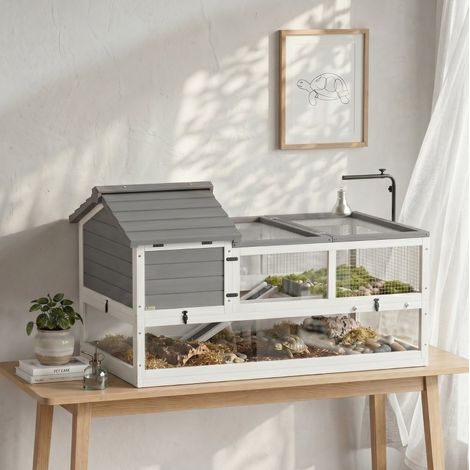 Enclos pour tortue en bois gris avec toit ouvrant et support de lampe DESVIAE (1/5)