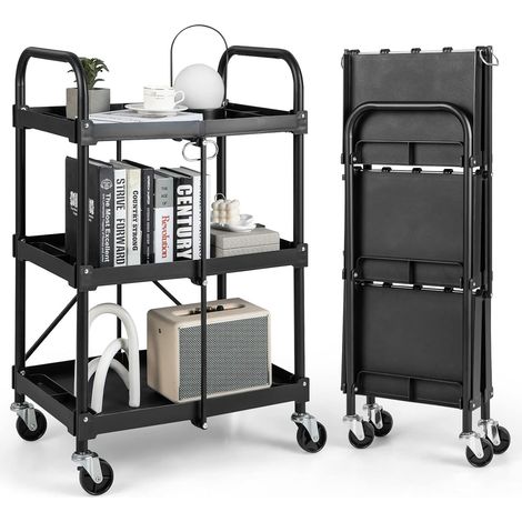 COSTWAY Carrello Pighevole a 3 Livelli, Carrello Multiuso con 4 Ruote, Organizzatore di Stoccaggio per Ufficio Cucina Studio, 61x44x96 cm, Nero (1/5)