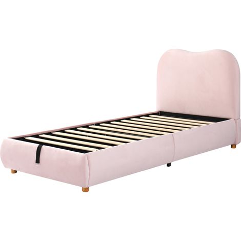 Cama infantil 90 x 200 cm de terciopelo rosa con almacenaje y cabecero acolchado (1/5)