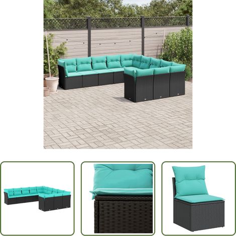 Gartenmöbel - 11-teiliges Gartensofa-Set mit Kissen, schwarzes Polyrattan (1/5)