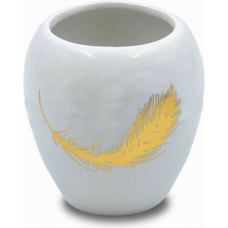 Trade Shop - Bicchiere Portaspazzolini In Ceramica Bianca Con Piuma Oro Accessori Bagno 59895 - (1/3)