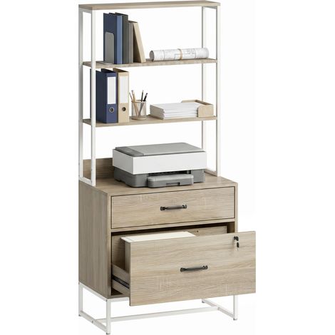 HOMCOM cajonera escritorio con estantería, mueble archivador con 2 cajones, encimera para impresora, cerradura, para A4 Letter Legal, roble