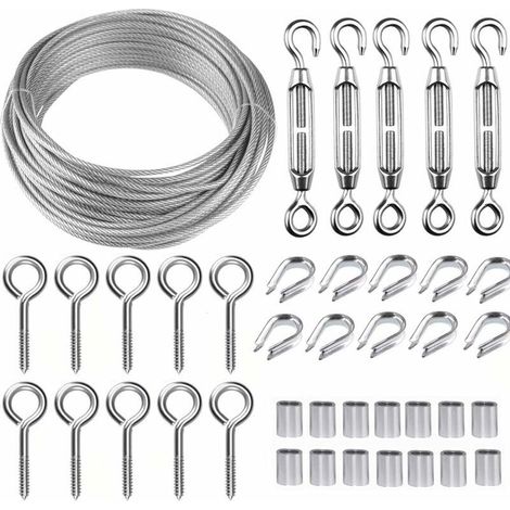 Kit câble métallique acier inoxydable 30m/2mm - Tendeur fil robuste M5, rouleau de fil de clôture, garde-corps de câble pour plantes grimpantes