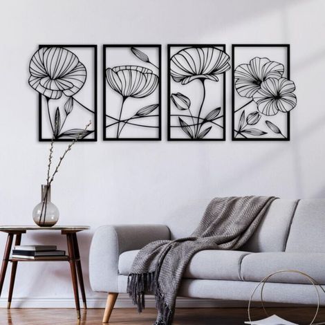 Ineasicer Set of 4 Metal Lotus Flower Wall Decorations - Minimalist Hanging Wall Decor for Living Room, Bedroom, Office and Yoga Room (Black) (1/4)