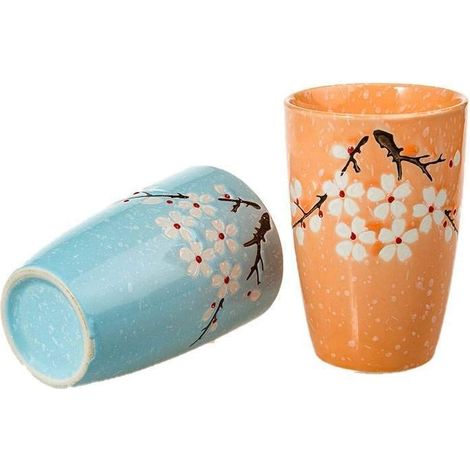 2 Verres en Céramique Fleurs de Cerisiers Coloris Bleu et Orange Pastel Vaisselle Japonaise Tasse Mug pour Thé Café Boissons Fraiches Idée Cadeau Asie Chine Japon (1/4)