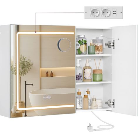 VASAGLE Kailyn Collezione - Armadietto a Specchio da Parete per Bagno con LED, Presa Multipla, Funzione Antiappannamento, Specchio Ingranditore 10x, Stile Moderno, 16,5 x 80 x 60 cm, Bianco BBK134W01 (1/5)
