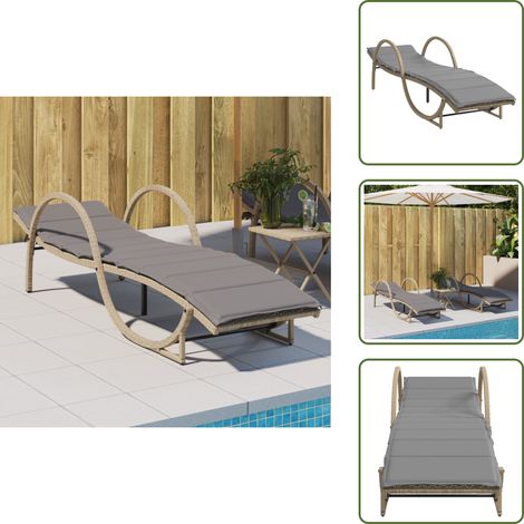 The Living Store Chaise longue avec coussin beige 60x199x42 cm résine tressée - Chaises Longues - Chaises Longues Pliantes - Transats - Lit De Bronzage - Mobilier De Jardin