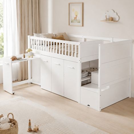 Kinder-Hochbett 90x200 cm mit Schreibtisch, Schrank und Stauraum, weiß HAVRYA