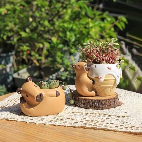 Capybaras Cute Plant Pots Set of 2 Ecological Miniature Decoration with Drainage Hole Gift for Nature Lovers 10.5 x 7 cm (1/5)