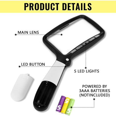 Lente d'ingrandimento rettangolare da lettura, lente d'ingrandimento da lettura illuminata, lente d'ingrandimento illuminata 3X con 5 luci LED, 2 modalità di intensità, per anziani, bambini, hobby, ar (1/4)