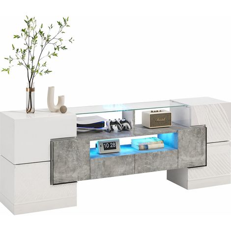 Meuble TV bas 145 cm blanc brillant avec LED multicolore, 6 portes, 2 tiroirs et 3 niches, surface verre élégante, style moderne pour salon - CHICFURN (1/5)
