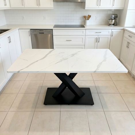 Table à manger rectangulaire pour 6 personnes, design polyvalent pour cuisine ou bureau, MDF blanc et métal noir (1/5)