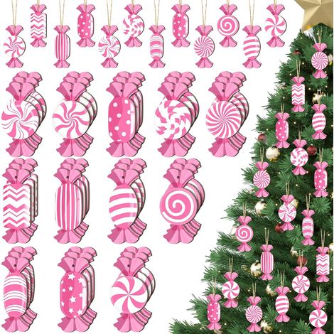 Décorations de Noël Roses 24 Pièces Bonbons Blancs Rose en Bois, Ornements Suspendus pour Sapin de Noël, Guirlandes et Fêtes, Lot de 24 Décorations Festives (1/5)