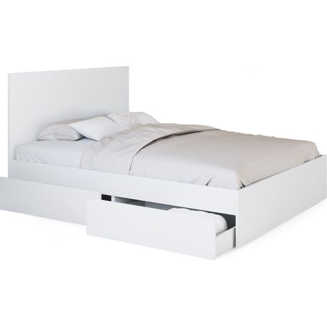 Idmarket – Lit double avec 4 tiroirs sur roulettes – Tête de lit et sommier 140 x 190 cm – Structure en panneaux de particules – Coloris blanc (1/5)