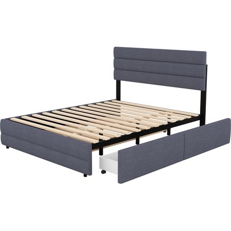 Plattformbett 140 x 200 cm grau aus Leinen mit 2 Schubladen und Ausziehbett MODENUIT (1/5)