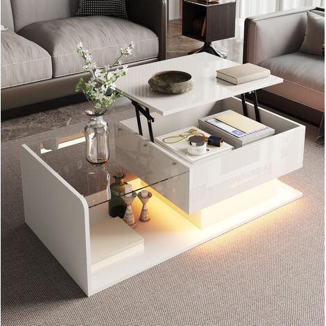 Table basse blanche brillante avec plateau en verre trempé, relevable, LED et rangement 100 cm (1/5)