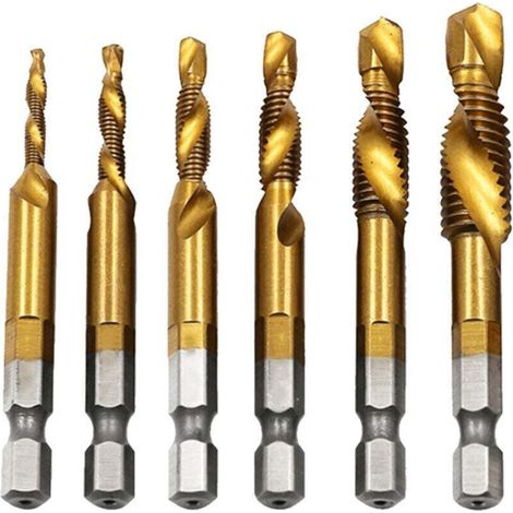 Jeu de tarauds combinés 6 pièces forets tarauds métriques HSS 4341 3 en 1 queue hexagonale pour le taraudage dans le bois plastique aluminium,de (1/4)