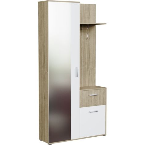 Mobilier1 – Meuble d'entrée Stanton 103 – Chêne Sonoma et blanc – Miroir inclus – Dimensions 195x97x30cm – Stratifié durable et résistant (1/5)