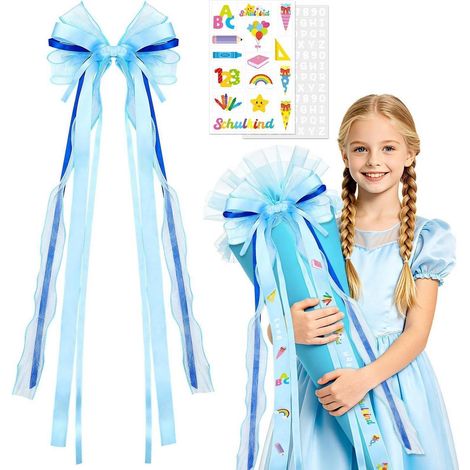 Schultüten-Schleife Blau mit DIY-Aufklebern, 18x56 cm, Einschulungsdeko (1/4)
