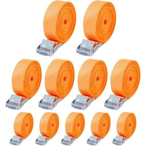 Lot de 10 Sangle d'Arrimage，25mm x 4m Sangle de Serrage，Sangle Porte Velo avec Boucle de Fermeture，Selon DIN en 12195-2, adapté aux camionnettes, Motos, camions Marchandises liées, Orange (1/4)
