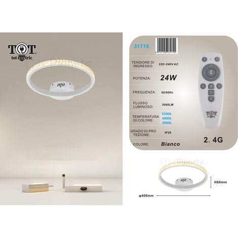 Plafoniera led 24w cerchio effetto cristallo con telecomando moderno bianco oro nero luce fredda calda naturale Bianco