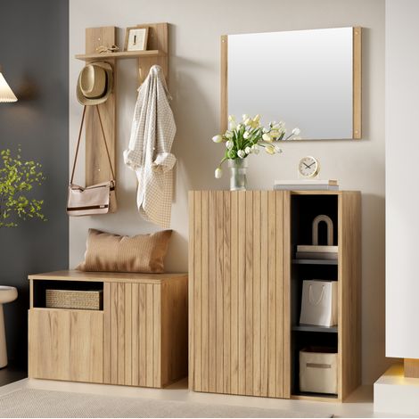 Ensemble meuble d’entrée 4-en-1 120x35x123 cm, miroir, meuble à chaussures, banc et patères, MDF noir et bois naturel