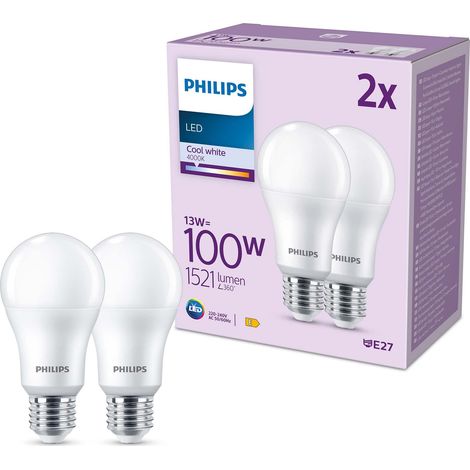 Philips LED E27, confezione da 2 lampadine, equivalente a 100 W, lampadine LED smerigliate, Plastica, Luce Bianca Naturale 4000K, LED a risparmio energetico con lunga durata (1/4)