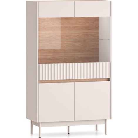 Selsey Dunea – Vitrine 4-türig, Glasfront & LED, Kaschmirgrau/Eichenoptik, 92 cm