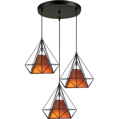 Vintage Pendant Light, 3 Lights Spiral Ceiling Lamp with Metal Cage, Diamond Shape Chandelier with Lampshade for Kitchen Island Living Room (Brown) (1/5)
