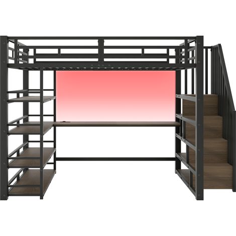 Metall-Hochbett 140x200 mit Schreibtisch, Regalen, LED und USB-Anschluss, schwarz (1/5)