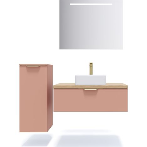 Meuble de salle de bain suspendu vasque à poser 90cm 1 tiroir Abricot + miroir + colonne ouverture gauche - Venice (1/5)