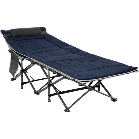 Lit de camp pliant adulte avec oreiller et sac de transport, 188 x 64,5 x 53 cm - Bleu