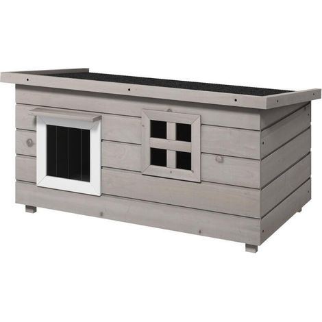 Maison pour chats extérieure en bois surélevée, toit ouvrant et toiture bitumée, équipée d’une fenêtre, couleur gris