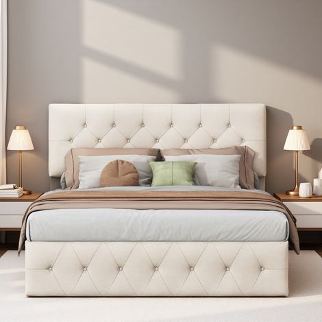 Lit hydraulique 160x200 cm, lit tapissé avec rangement, tête de lit réglable, avec sommier à lattes, sommier double, lit ado, beige (expédition depuis la France) (1/5)