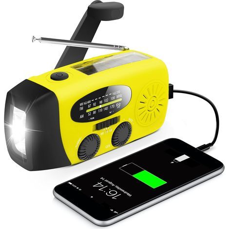 Radio à manivelle/rechargeable/solaire avec prévisions météo AM/FM/NOAA, générateur de liège manuel, banque d'alimentation pour téléphone portable 600 mAh, lampe LED pour bouteille (1/5)