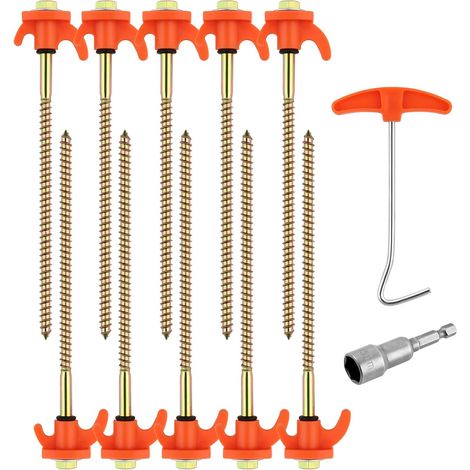 20.5 cm Heavy Duty Ground Stakes with Thread, Screw-in Tent Pegs, Metal Steel Stakes, Rustproof, with Hex Drill Bit and T-Hook, for Garden Camping Hard Ground, Orange (1/5)