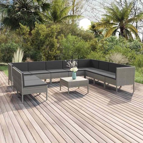 11 pcs Salon de jardin, Ensemble table et chaises de jardin, Meuble de jardin avec coussins Résine tressée Gris MKW584993 (1/5)