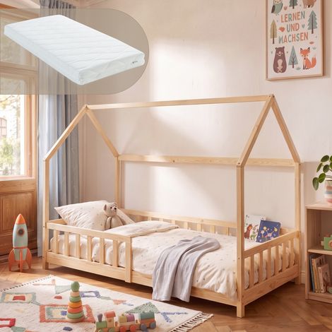 Hausbett Hesel mit Matratze und Rausfallschutz 90x200 cm Natur [en.casa] (1/5)